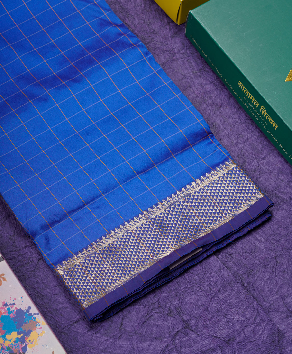 9.5 Yards Semi Silk Saree Royal Blue Checks With Traditional Self Border
