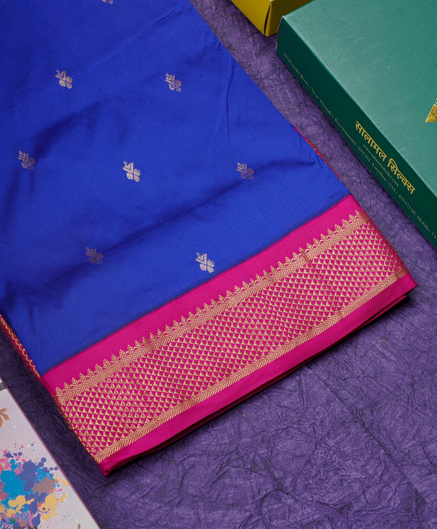9.5 Yards Semi Silk Saree Royal Blue with Contrast Pink Border