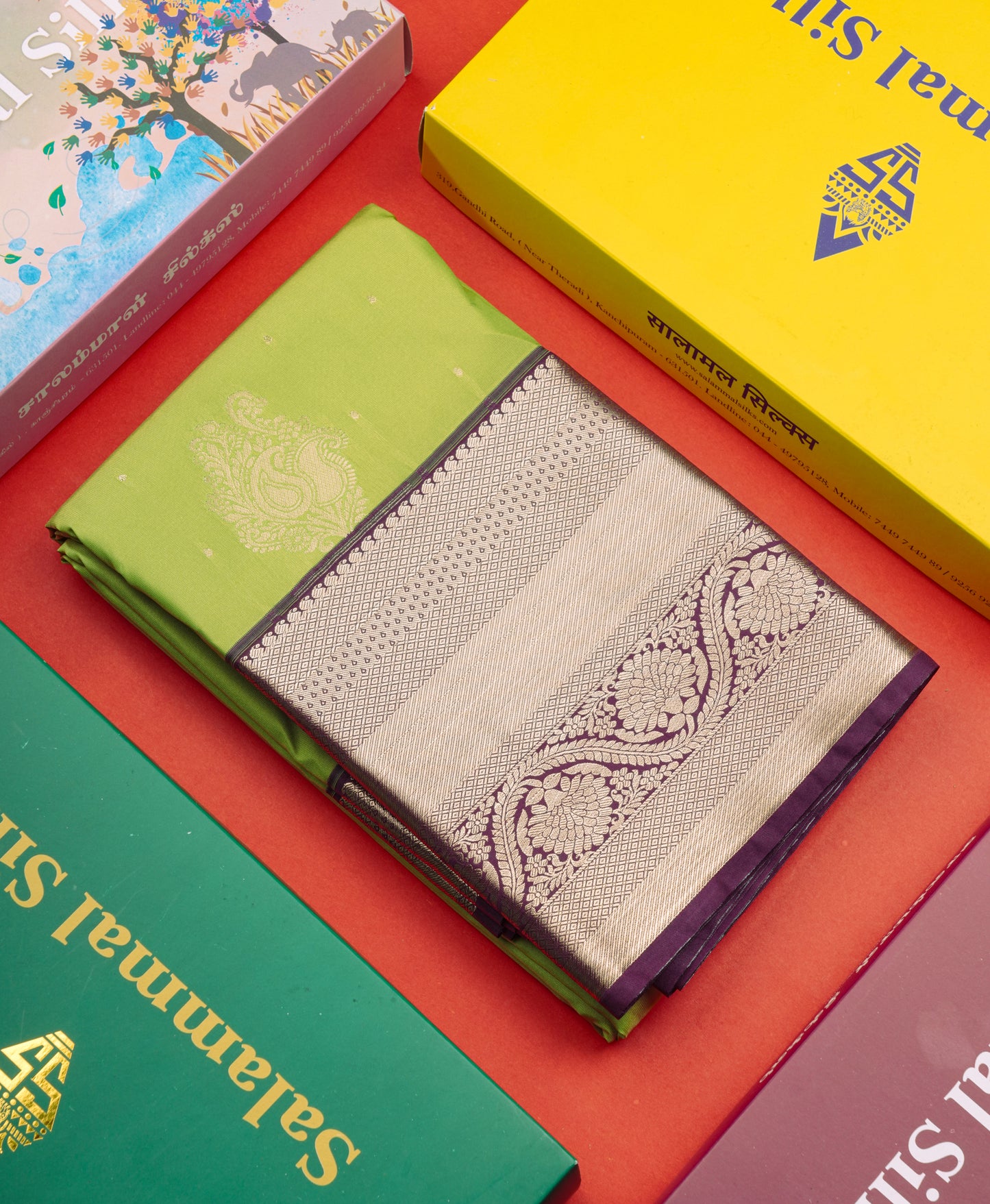 Parrot Green Semi Silk Saree With Contrast Dark Magenta Border