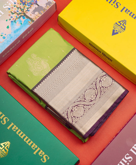 Parrot Green Semi Silk Saree With Contrast Dark Magenta Border