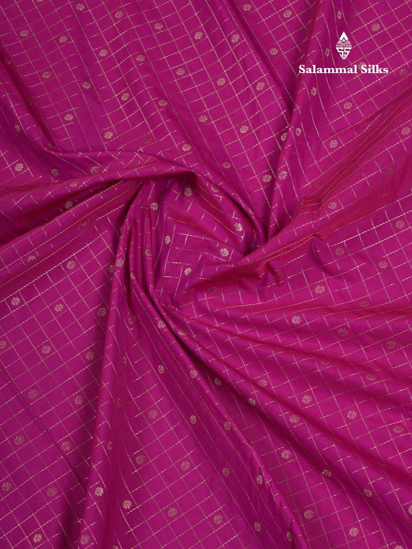 Beautiful Rani Pink Small Zari Checks With Butta Semi Silk Saree With Contrast Baby Pink Traditional Border