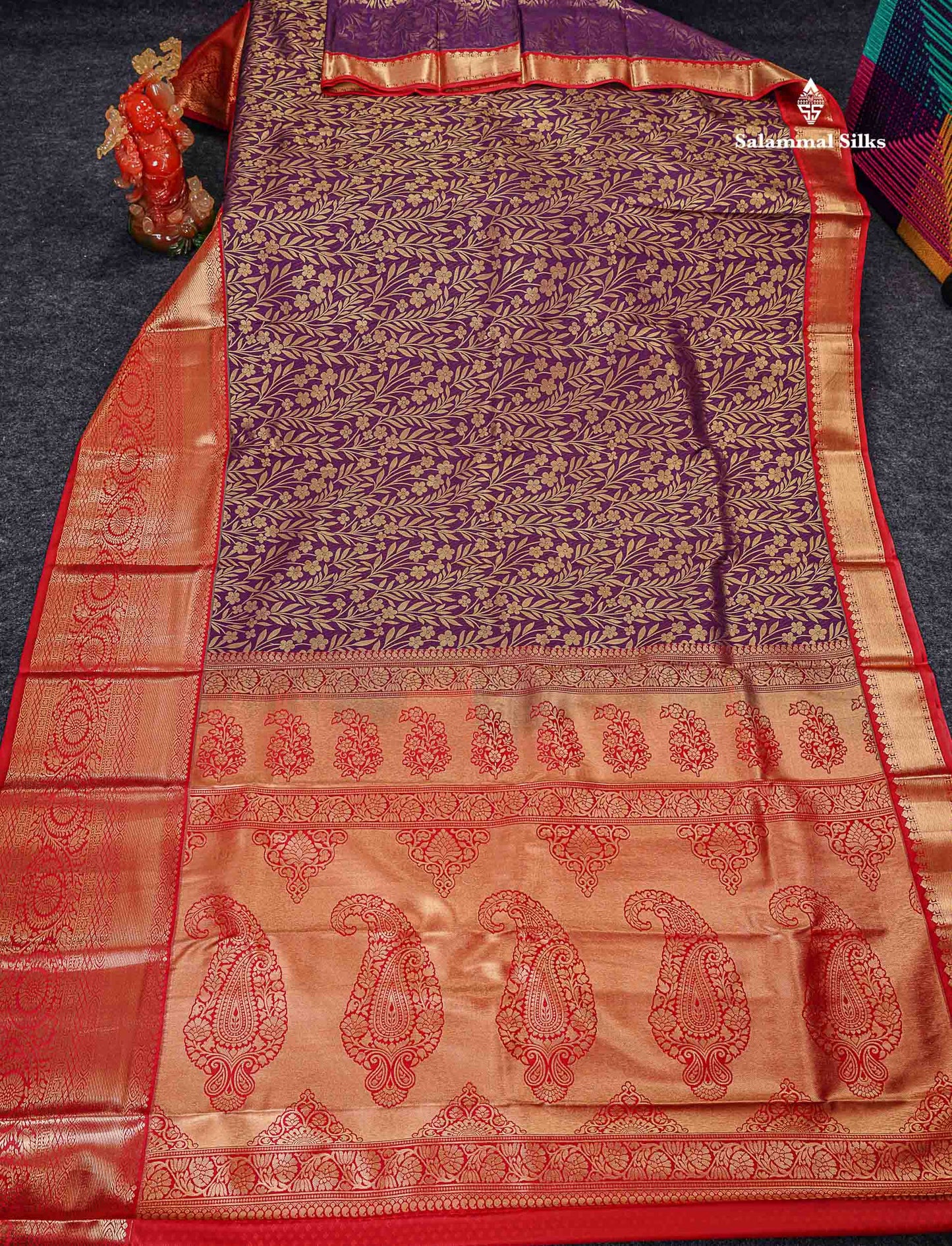 Bridal Semi Silk Saree - Dark Purple Along With Contrast Red Traditional Evening Morning Border