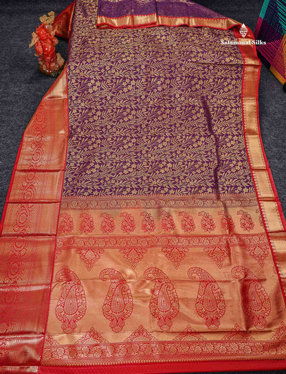Bridal Semi Silk Saree - Dark Purple Along With Contrast Red Traditional Evening Morning Border