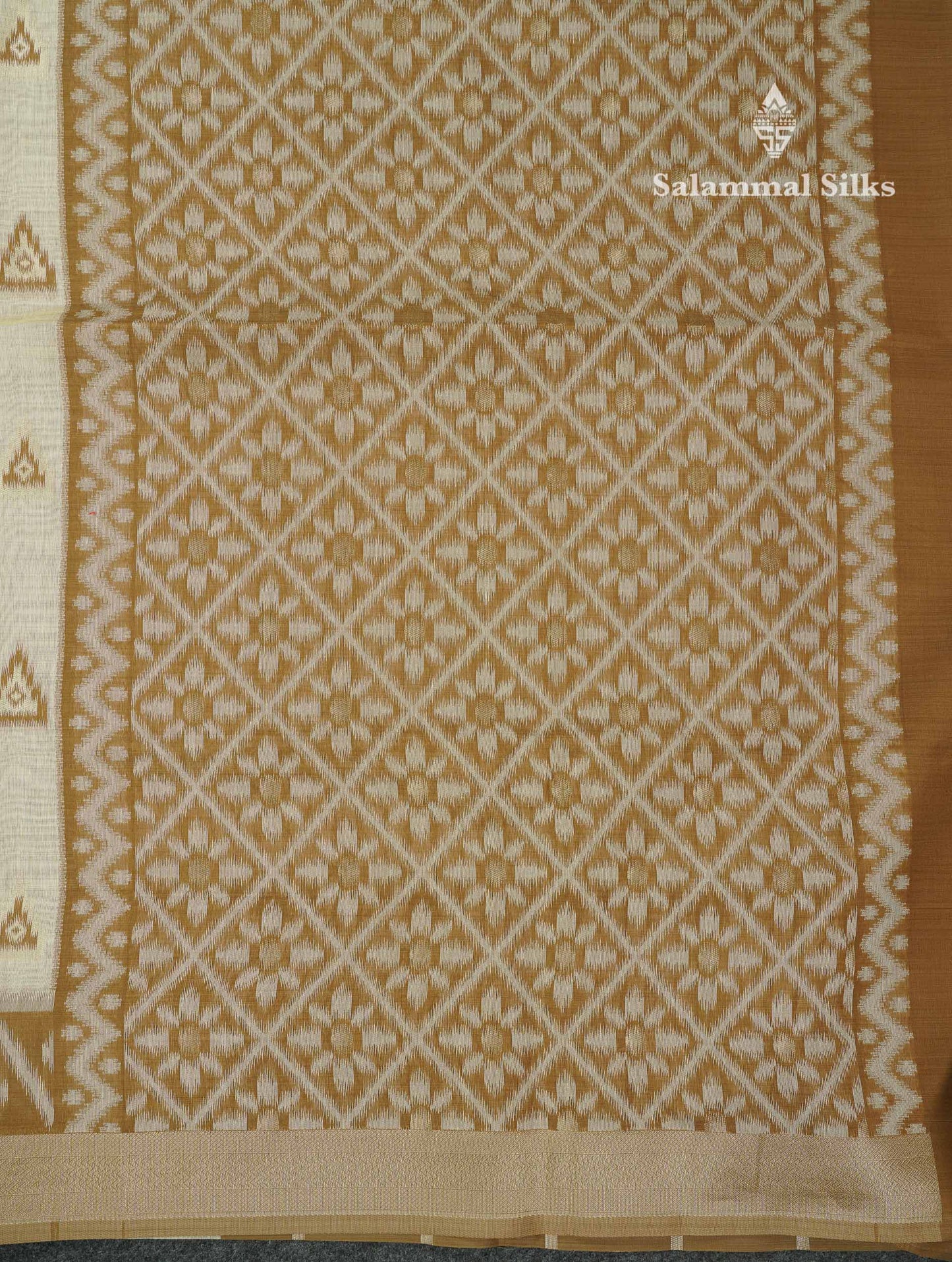 Elegant Cream Sandal Ikkat Style Cotton Mix Saree With Contrast Peacock Blue Border