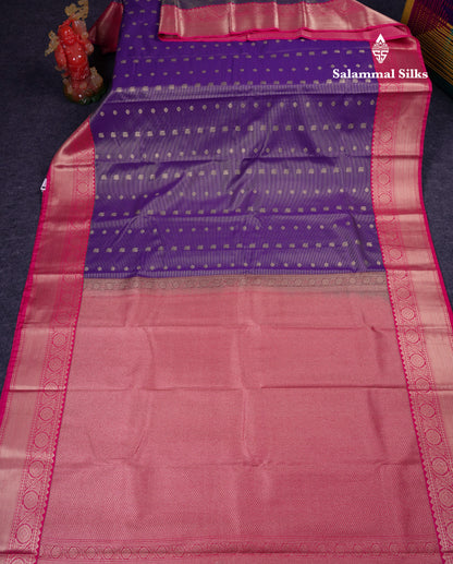 Beautiful Violet Vaira Oosi Lines With Butta Semi Silk Saree With Contrast Pink Border