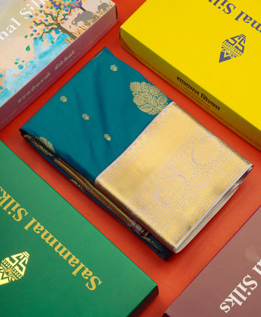 Peacock Blue Semi Silk Saree With Contrast Baby Pink Blouse