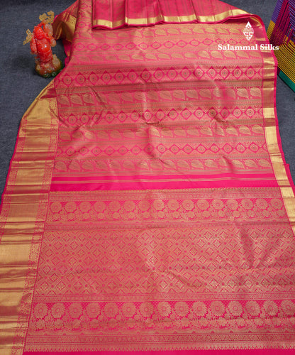 Beautiful Pink Menakari Work Bridal 2G Pure Kanjivaram Silk Saree With Traditional Evening Morning Border