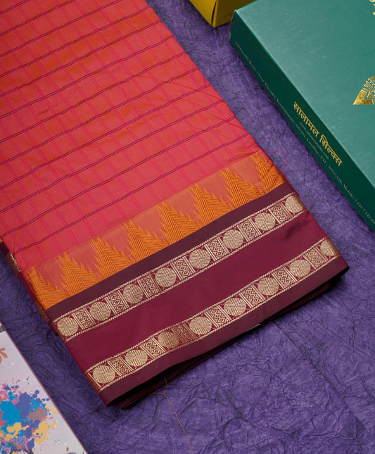 9 Yards Semi Silk Saree Pinkish Red Colour with Maroon Traditional Double Border