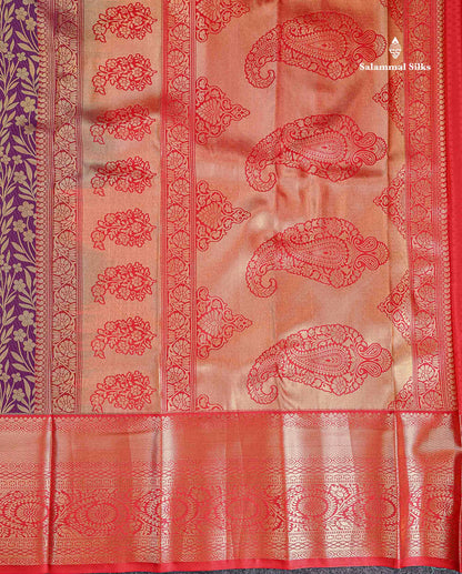 Bridal Semi Silk Saree - Dark Purple Along With Contrast Red Traditional Evening Morning Border