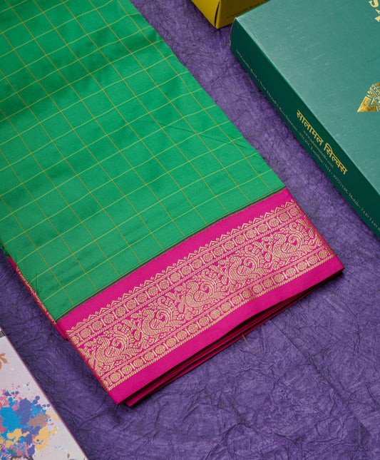 9 Yards Semi Silk Saree Green with Contrast Pink Border