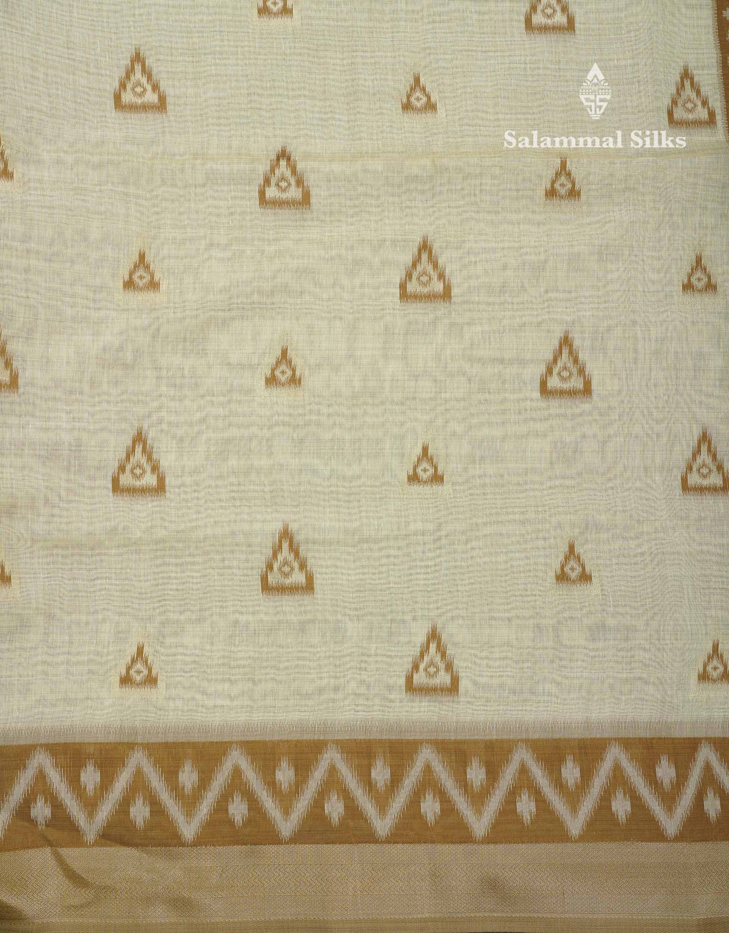 Elegant Cream Sandal Ikkat Style Cotton Mix Saree With Contrast Peacock Blue Border