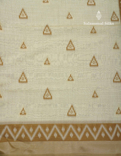 Elegant Cream Sandal Ikkat Style Cotton Mix Saree With Contrast Peacock Blue Border
