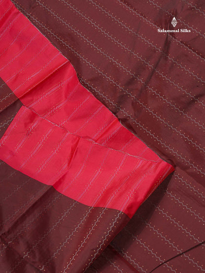 Semi Silk Saree - Brown Colour Body Wave Lines With & Contrast Pink Border
