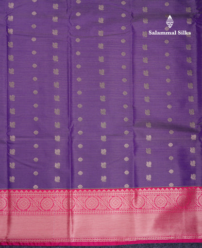 Beautiful Violet Vaira Oosi Lines With Butta Semi Silk Saree With Contrast Pink Border