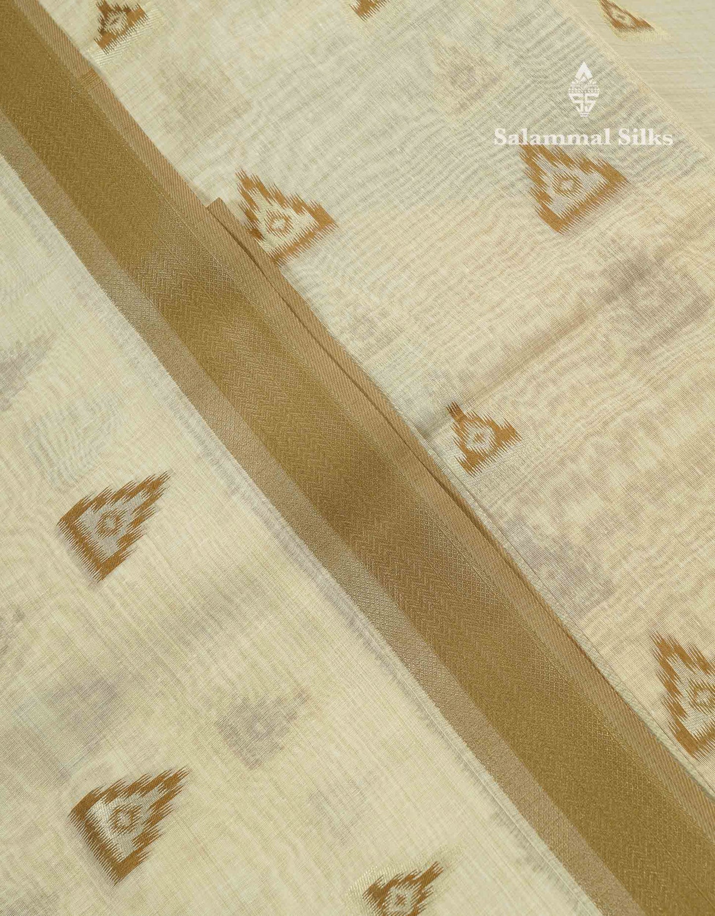 Elegant Cream Sandal Ikkat Style Cotton Mix Saree With Contrast Peacock Blue Border
