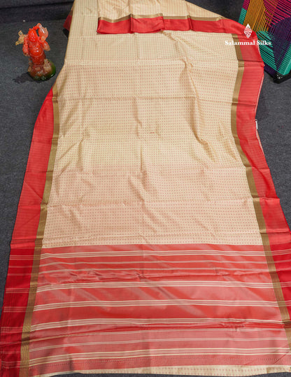 Semi Silk Saree - Beige Colour Body With Contrast Tomato Red Border