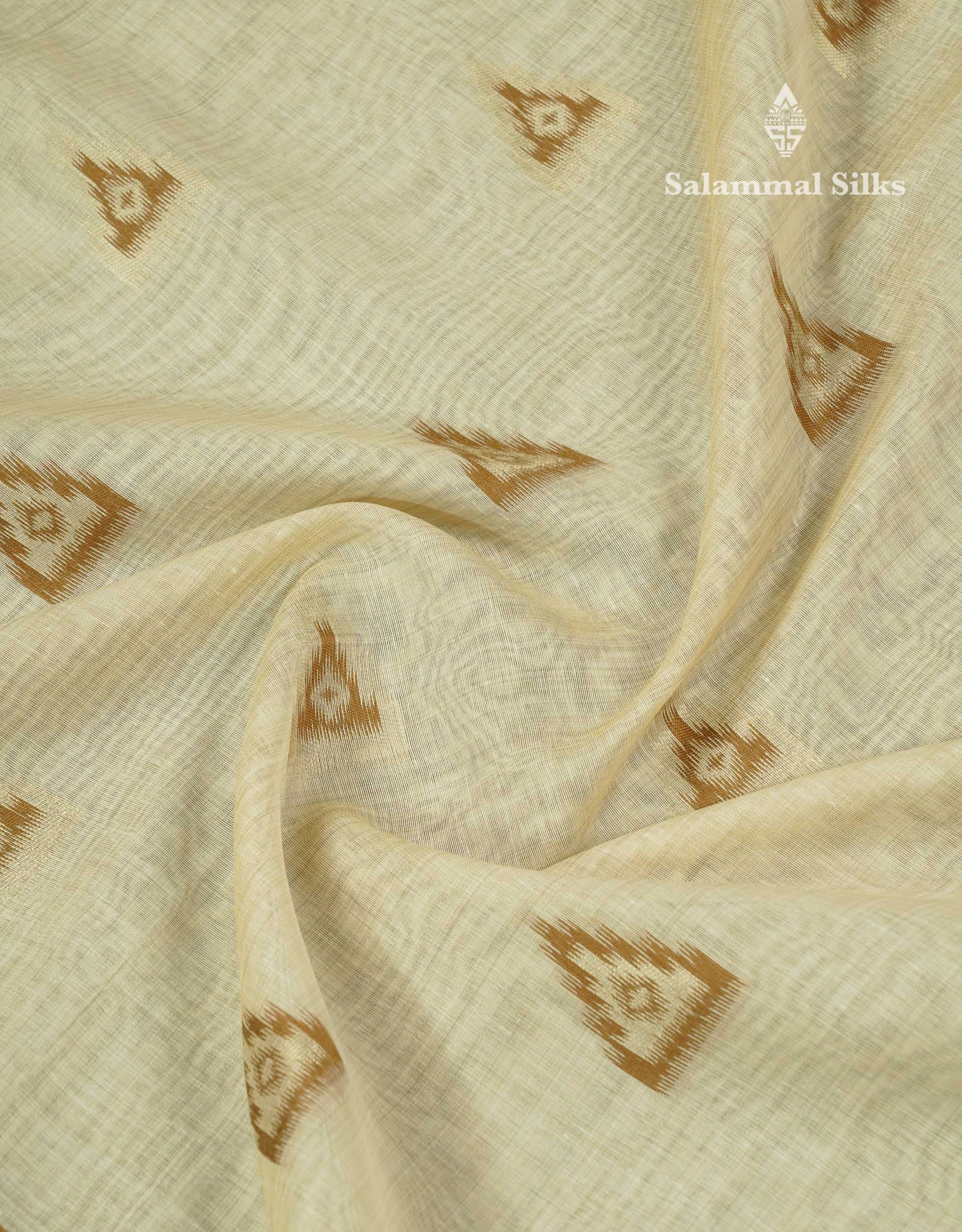 Elegant Cream Sandal Ikkat Style Cotton Mix Saree With Contrast Peacock Blue Border