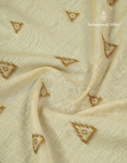 Elegant Cream Sandal Ikkat Style Cotton Mix Saree With Contrast Peacock Blue Border