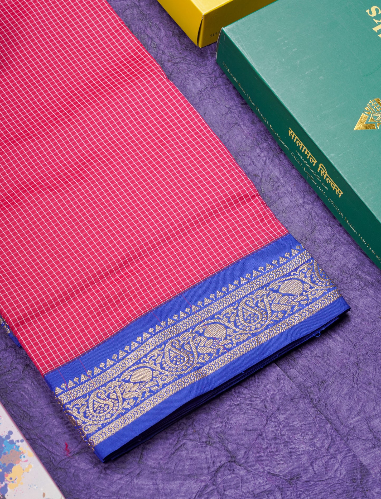 9.5 Yards Semi Silk Saree Pink Tiny Checks with Contrast Blue Border