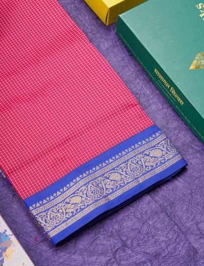 9.5 Yards Semi Silk Saree Pink Tiny Checks with Contrast Blue Border
