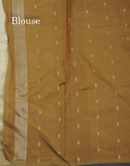 Elegant Cream Sandal Ikkat Style Cotton Mix Saree With Contrast Peacock Blue Border