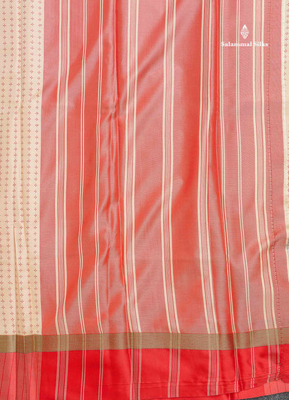 Semi Silk Saree - Beige Colour Body With Contrast Tomato Red Border