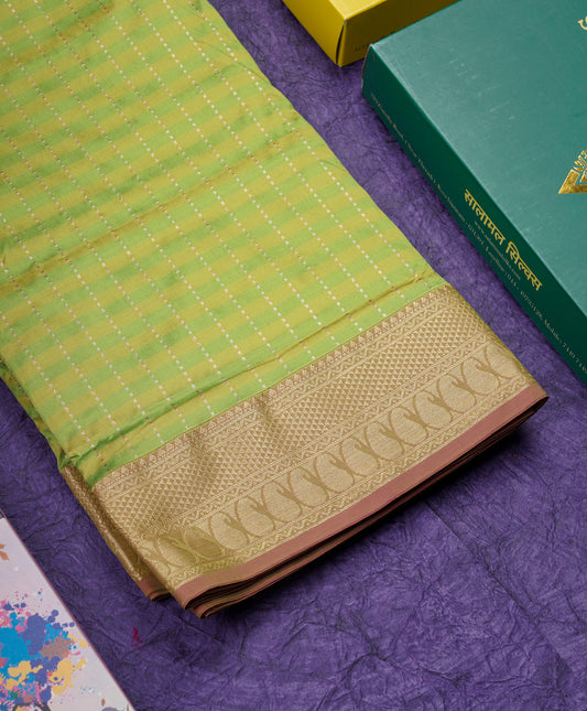 9 Yards Semi Silk Saree Light Green & Parrot Green with Light Onion Pink Border
