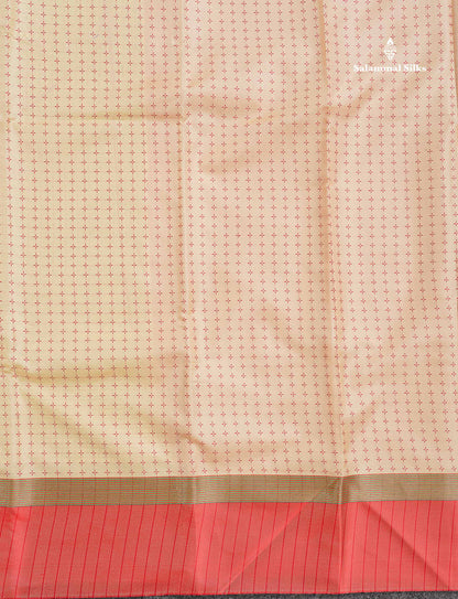 Semi Silk Saree - Beige Colour Body With Contrast Tomato Red Border