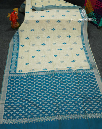 Elegant Cream Sandal Ikkat Style Cotton Mix Saree With Contrast Peacock Blue Border