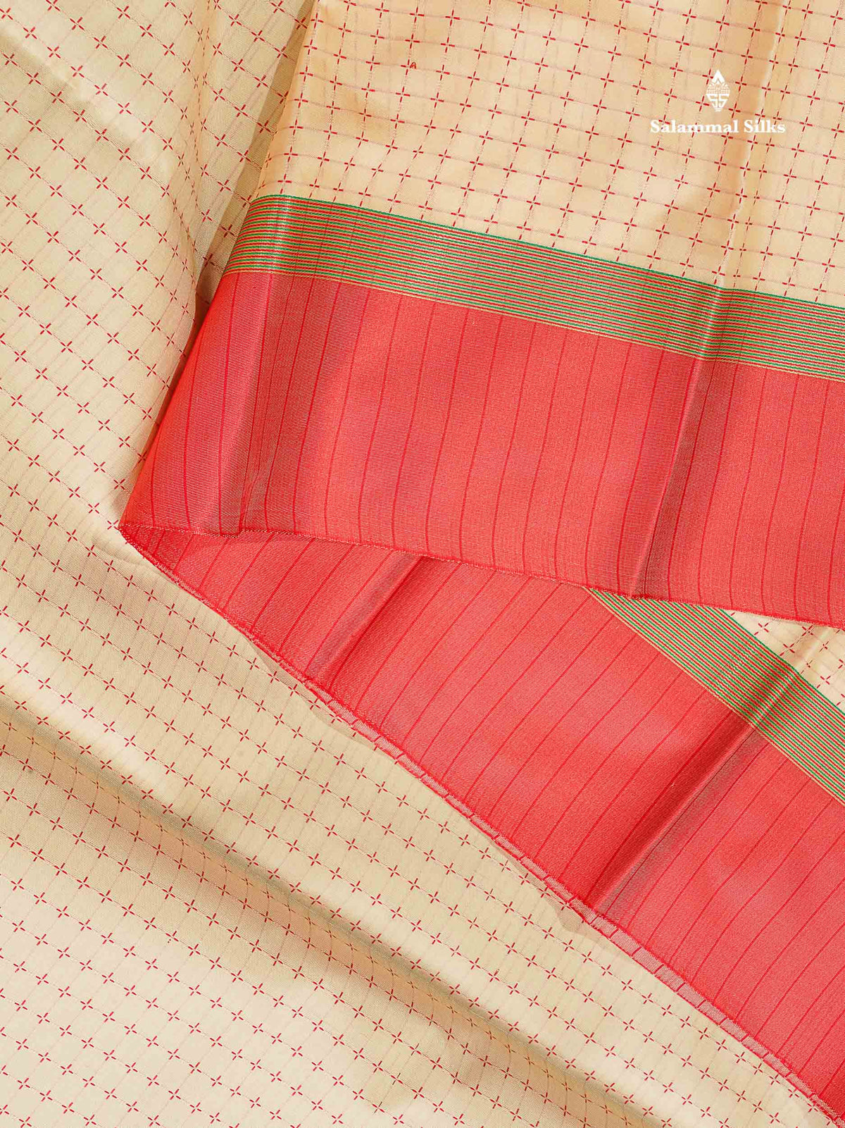 Semi Silk Saree - Beige Colour Body With Contrast Tomato Red Border