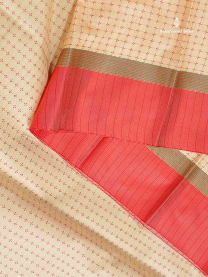 Semi Silk Saree - Beige Colour Body With Contrast Tomato Red Border