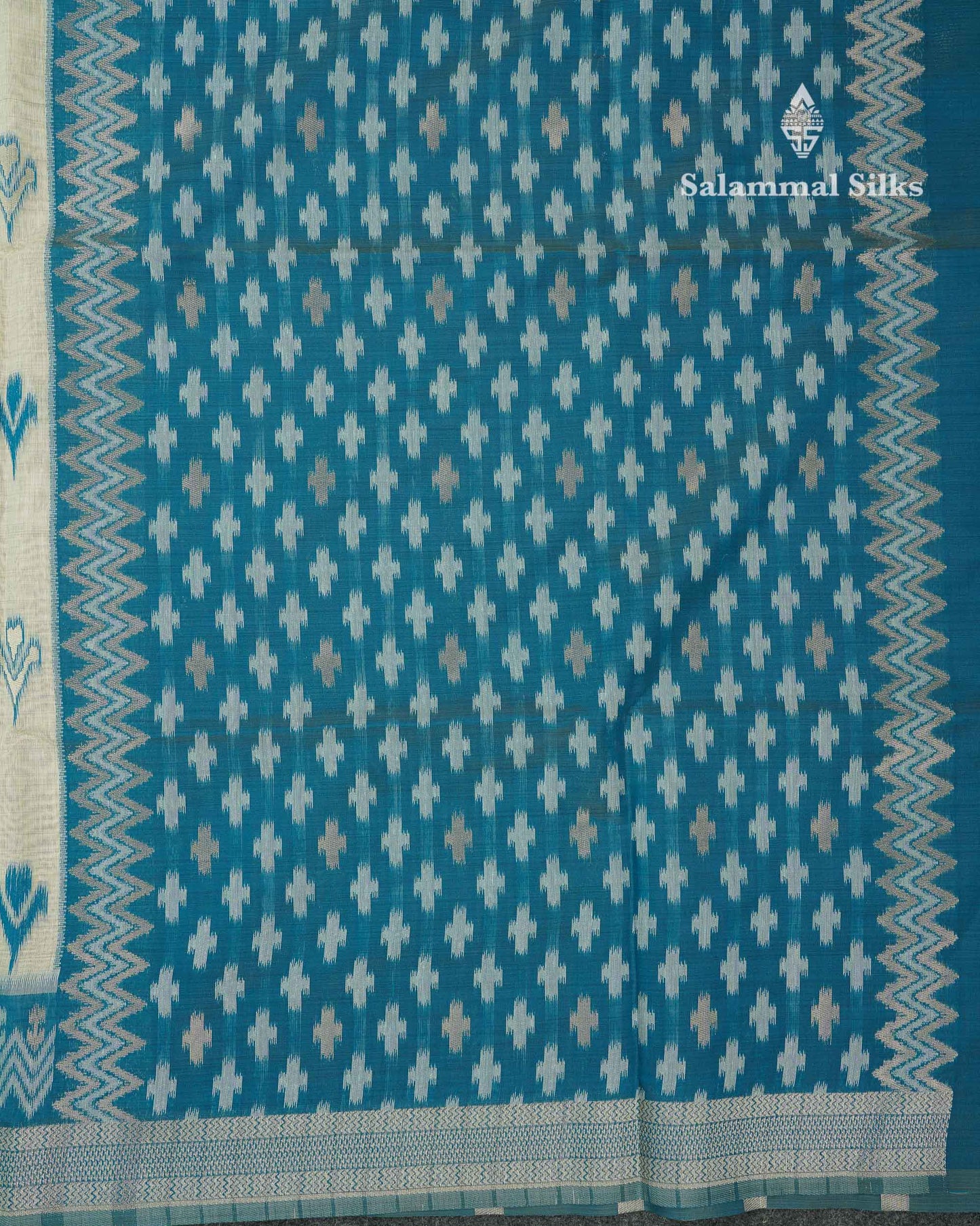 Elegant Cream Sandal Ikkat Style Cotton Mix Saree With Contrast Peacock Blue Border