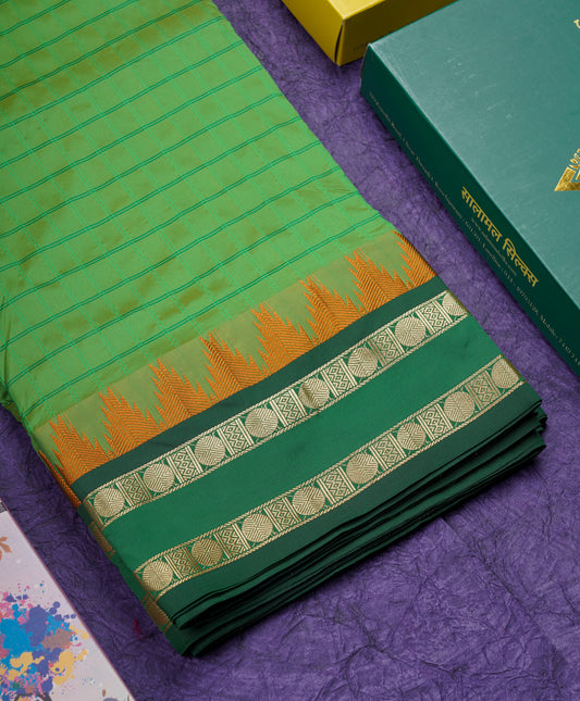 9 Yards Semi Silk Saree Green with Contrast Bottle Green Traditional Double Border