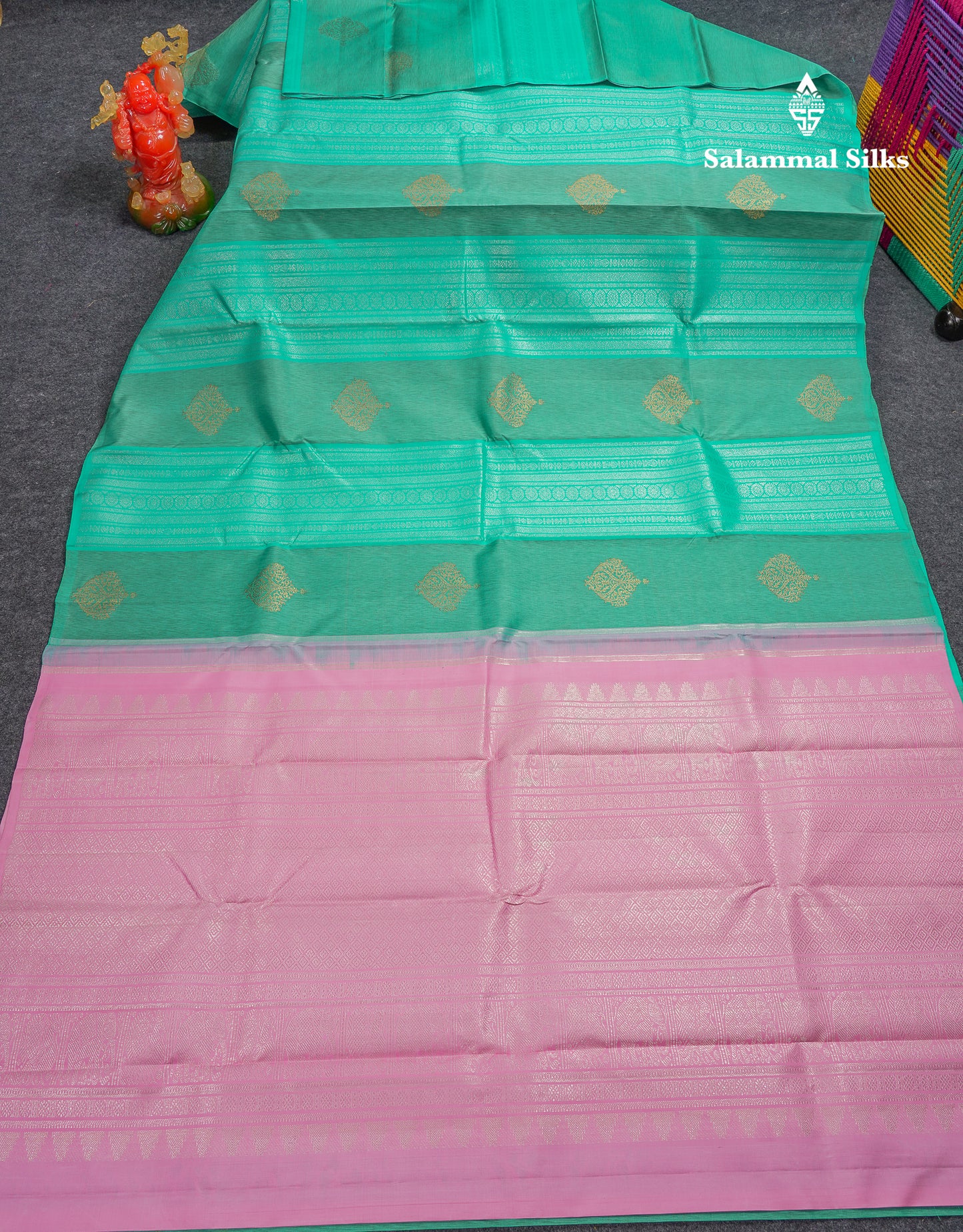 Beautiful Sea Blue Body Stripe Buttas Fancy Pure Kanjivaram Silk Saree With Contrast Baby Pink Blouse