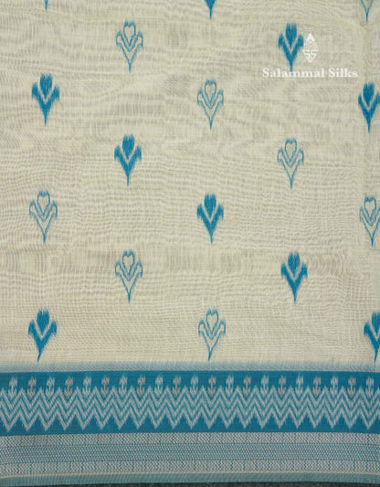 Elegant Cream Sandal Ikkat Style Cotton Mix Saree With Contrast Peacock Blue Border