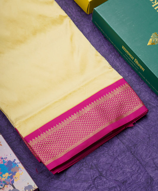 9 Yards Semi Silk Saree Lemon Yellow with Contrast Pink Border