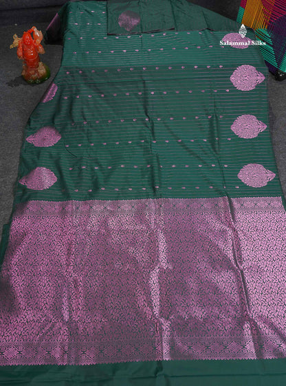 Semi Silk Saree - Bottle Green Colour Body Vertical Lines With Butta & Blouse