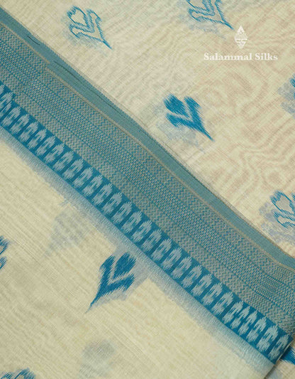 Elegant Cream Sandal Ikkat Style Cotton Mix Saree With Contrast Peacock Blue Border