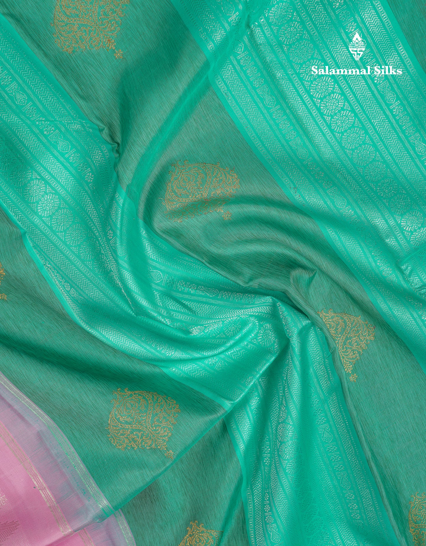 Beautiful Sea Blue Body Stripe Buttas Fancy Pure Kanjivaram Silk Saree With Contrast Baby Pink Blouse