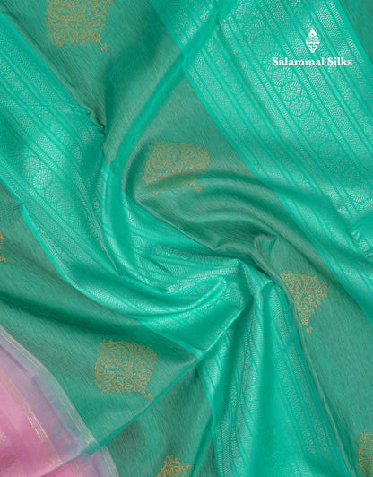 Beautiful Sea Blue Body Stripe Buttas Fancy Pure Kanjivaram Silk Saree With Contrast Baby Pink Blouse