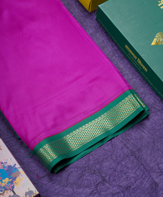 9 Yards Semi Silk Saree Magenta Pink with Contrast Small Green Border