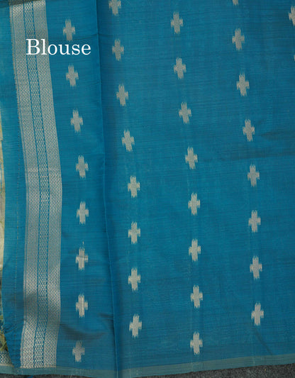 Elegant Cream Sandal Ikkat Style Cotton Mix Saree With Contrast Peacock Blue Border