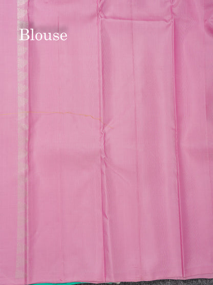 Beautiful Sea Blue Body Stripe Buttas Fancy Pure Kanjivaram Silk Saree With Contrast Baby Pink Blouse