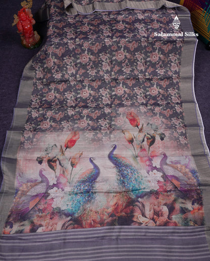 Beautiful Greenish Grey Mixed Cotton Fancy Saree With Tissue Border