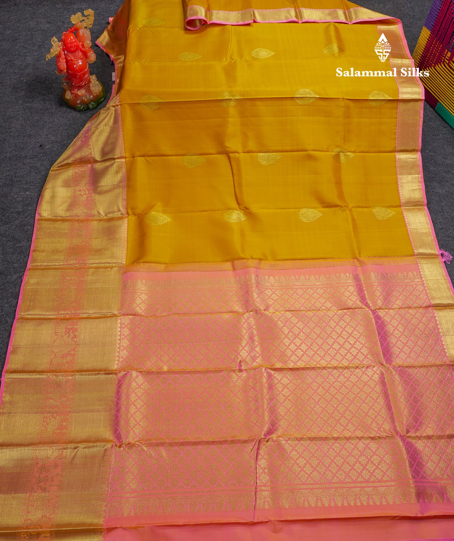 Beautiful Mustard Yellow Pure Kanjivaram Silk Saree with Contrast Peach Pink Traditional Evening Morning Pallakku Border