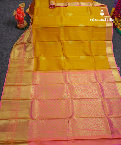 Beautiful Mustard Yellow Pure Kanjivaram Silk Saree with Contrast Peach Pink Traditional Evening Morning Pallakku Border