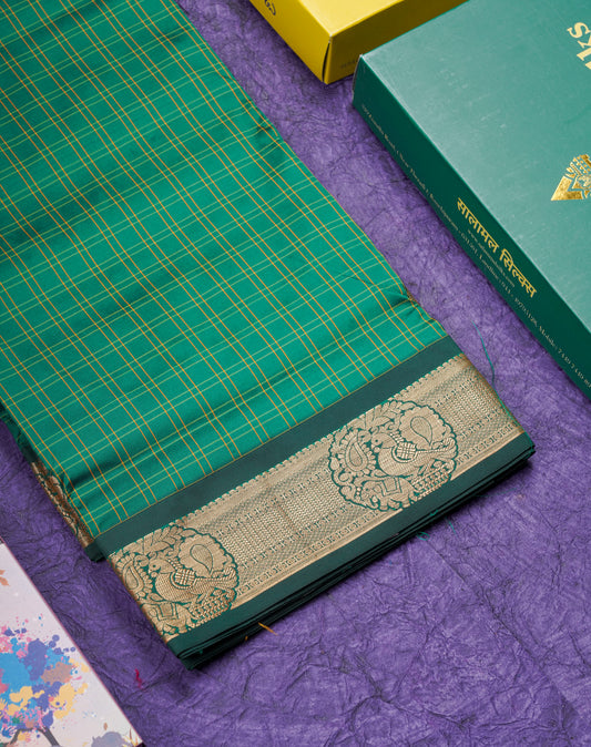 9 Yards Semi Silk Saree Peacock Green with Bottle Green Border