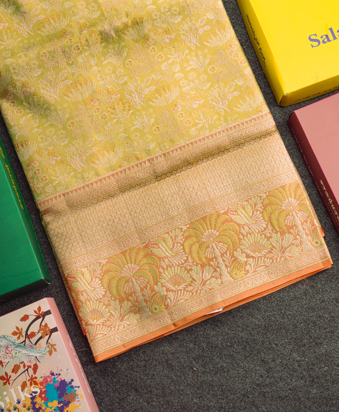 Green Colour Pure Kanjivaram Tissue Silk Saree with Contrast Peach Border