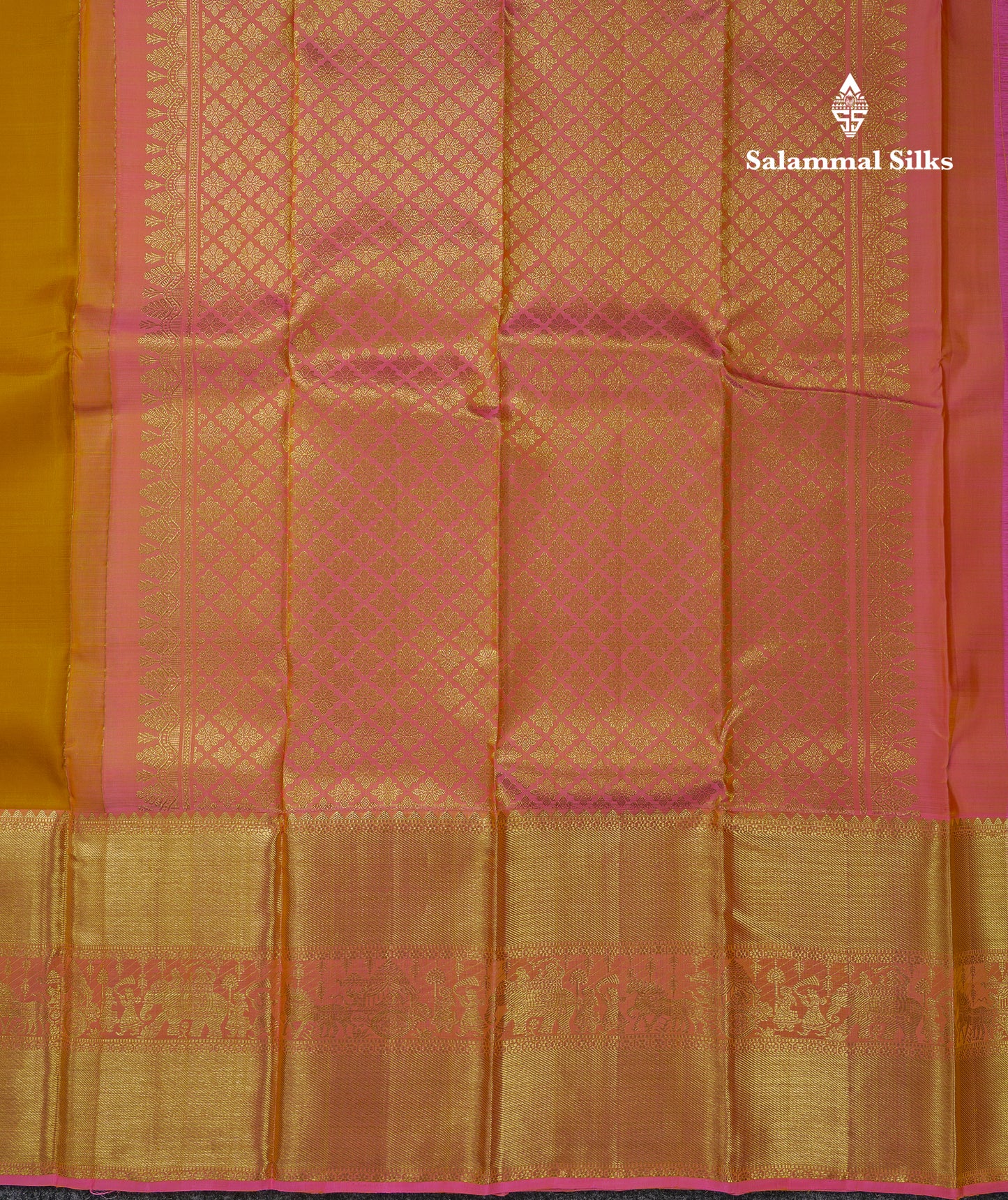 Beautiful Mustard Yellow Pure Kanjivaram Silk Saree with Contrast Peach Pink Traditional Evening Morning Pallakku Border