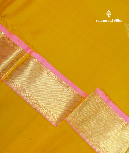 Beautiful Mustard Yellow Pure Kanjivaram Silk Saree with Contrast Peach Pink Traditional Evening Morning Pallakku Border